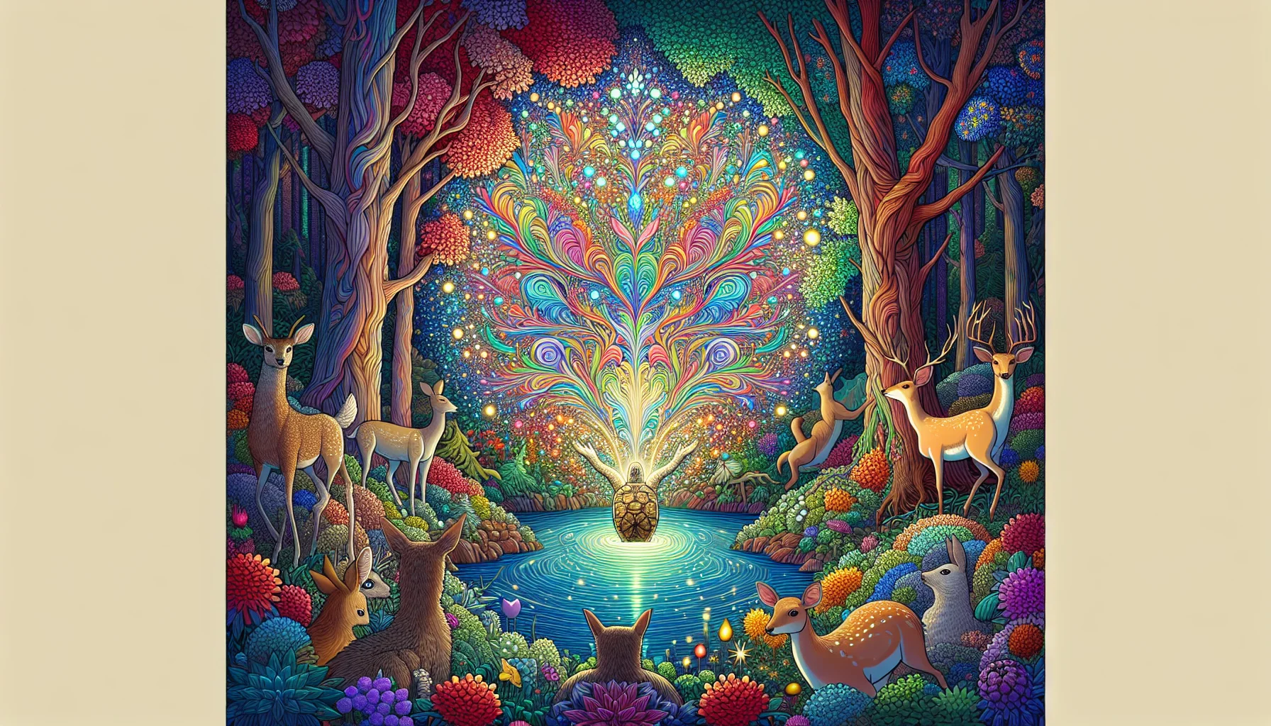 A vibrant, colorful tree with swirling leaves radiates light above a serene pond, surrounded by various deer in a whimsical forest setting, filled with flowers and rich foliage.