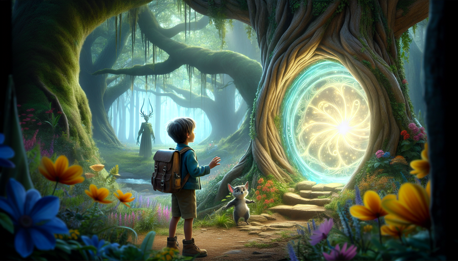 A young boy wearing a backpack stands in a magical forest looking into a tree-portal.