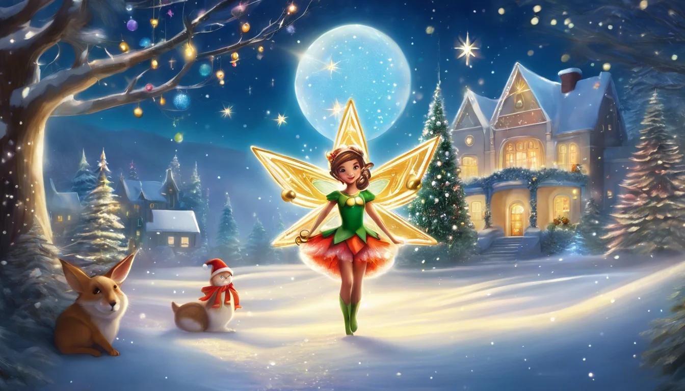 A whimsical fairy with a star-shaped costume dances in a snowy landscape, illuminated by a full moon, with a cozy home and festive decorations in the background. A rabbit and a snowman accompany her.