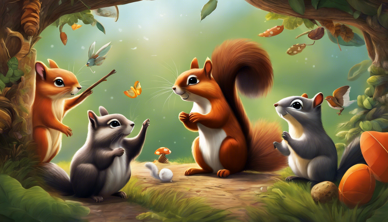 Whiffle the wind and Nutkin the squirrel surrounded by creatures and holding a message.