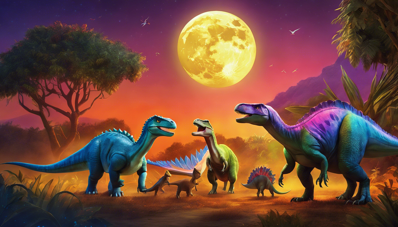 Colorful dinosaurs performing on a stage under the Harvest Moon.