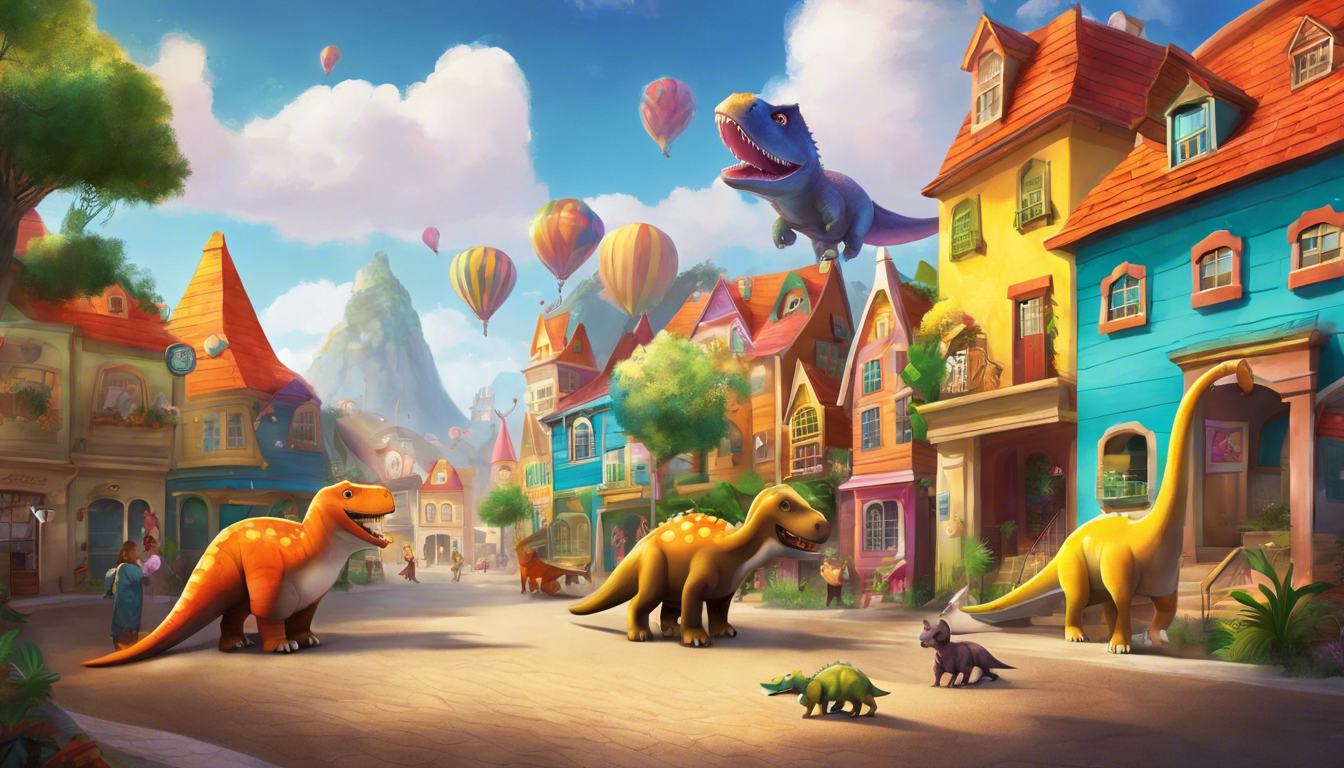 A colorful town with playful dinosaur puppies and happy townspeople.