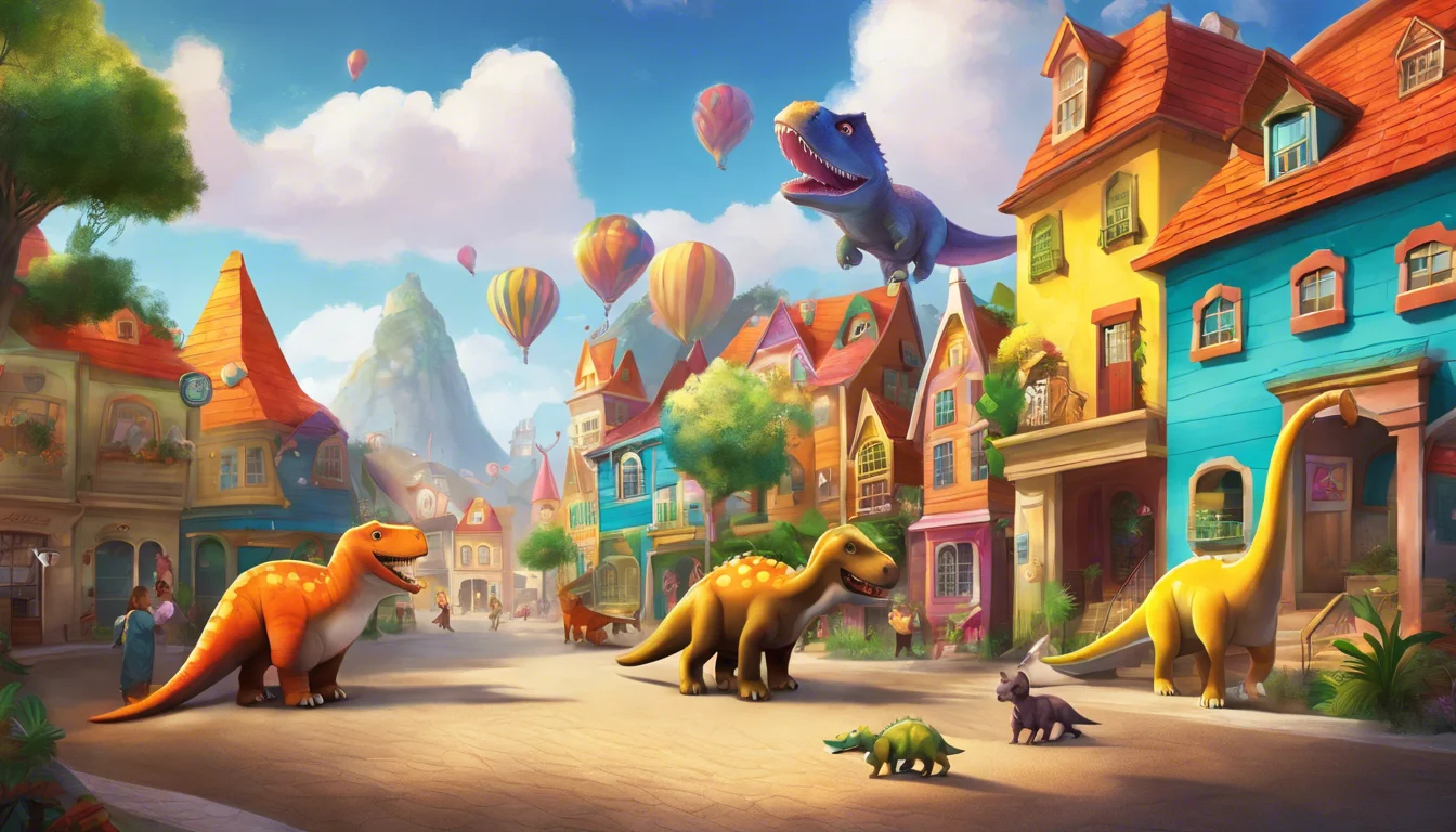 A colorful, animated village scene featuring friendly dinosaurs wandering among brightly painted houses, with hot air balloons floating in the sky.