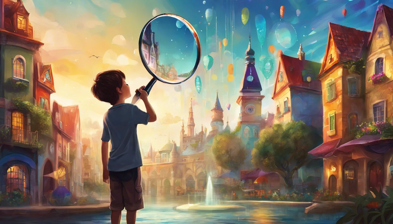 A young boy holds a magnifying glass, gazing at a vibrant, fantastical town filled with colorful orbs and charming buildings, as the sun sets behind him.