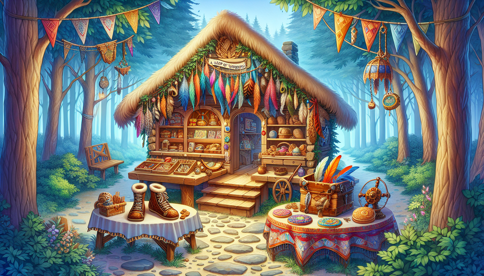 A whimsical shop filled with enchanting items in a mystical woodland.