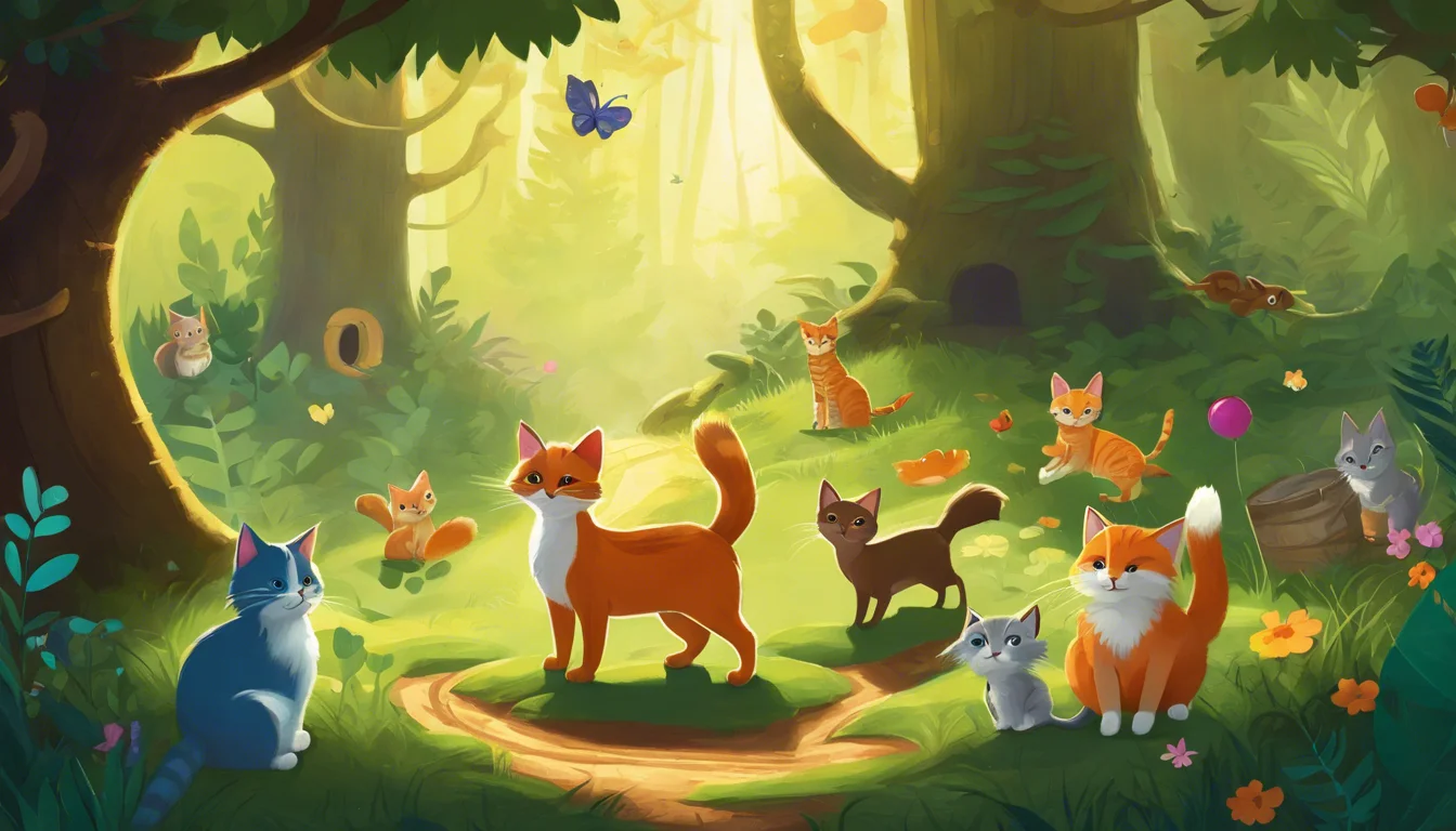Illustration of various cats in a vibrant forest setting, surrounded by greenery, flowers, and butterflies.