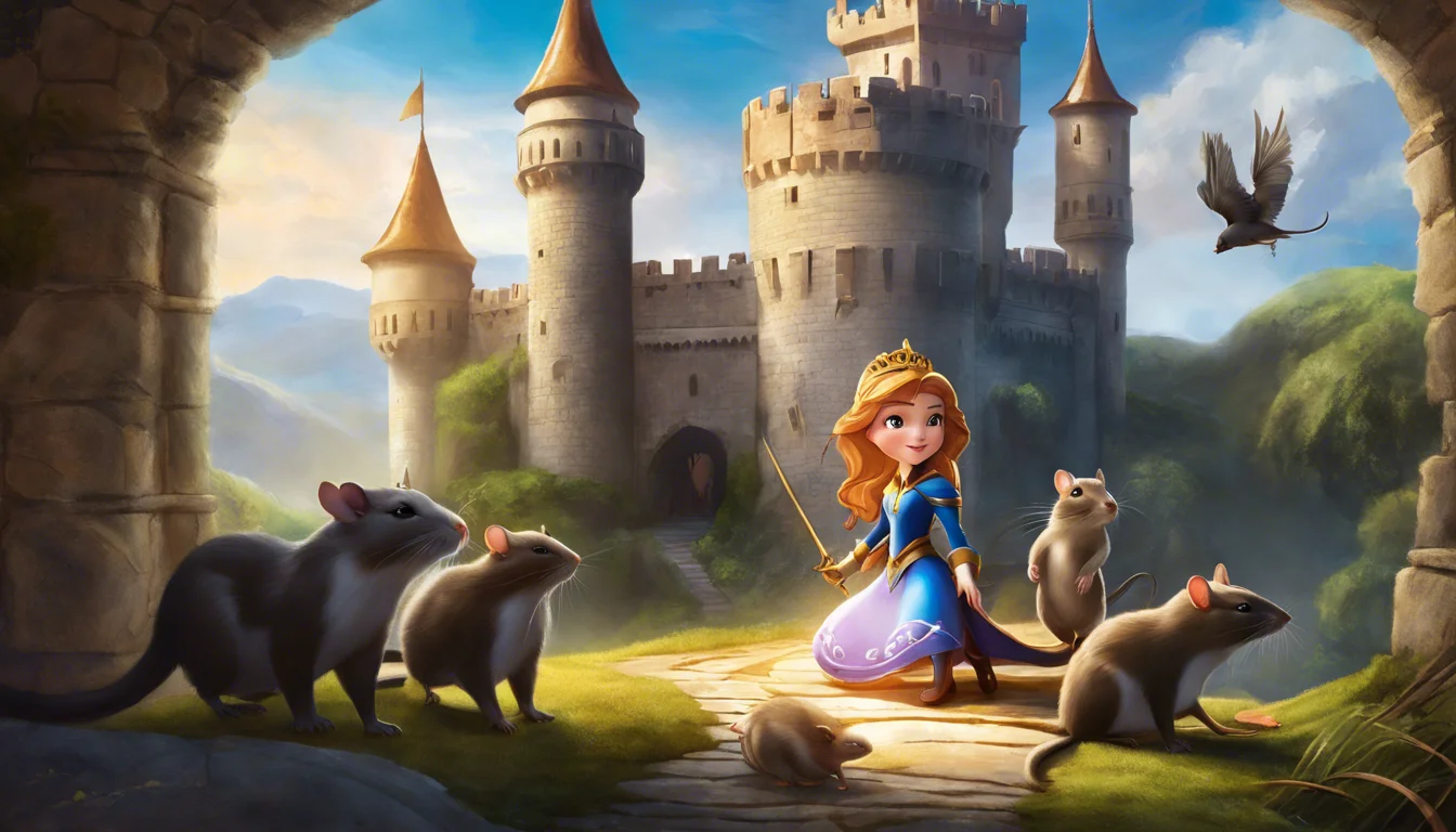 A young princess in a blue gown stands on a path near a castle, surrounded by friendly mice and a bird soaring overhead, amidst a lush, enchanting landscape.