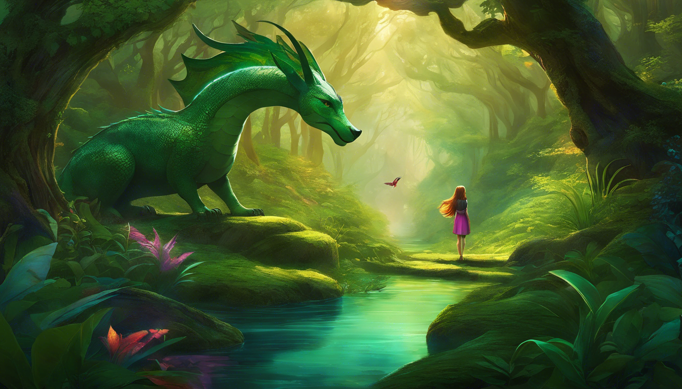 A young girl and a large dragon in a mystical forest setting.