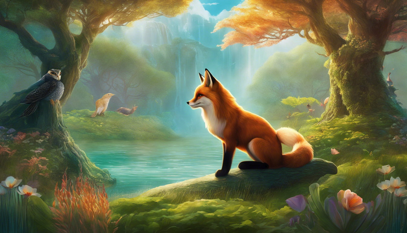 A fox, owl, mermaid, and dragon stand together in a magical landscape.