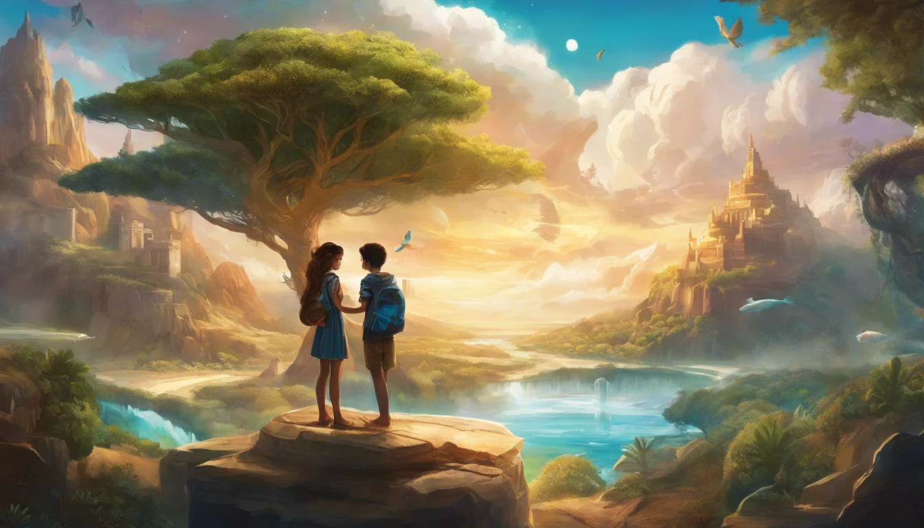 Two children stand on a rock overlooking a mythical landscape with lush trees, a serene lake, and distant mountains under a colorful sky.