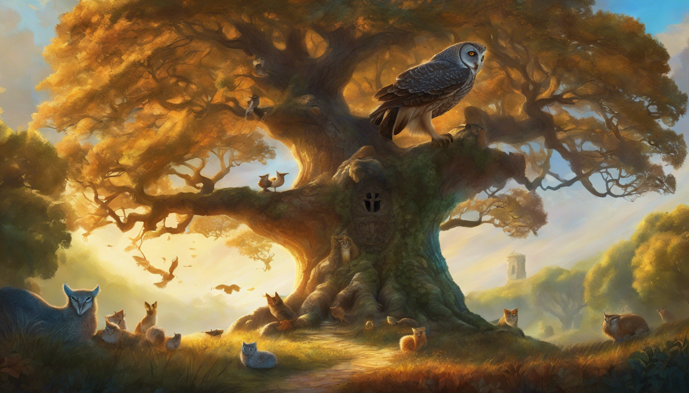 Animals gathered around an owl in a forest.