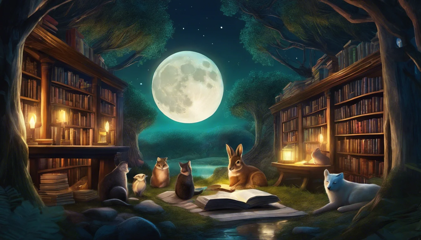 A serene nighttime scene featuring a rabbit and various small animals gathered around an open book, surrounded by tall bookshelves and illuminated by lanterns under a full moon.