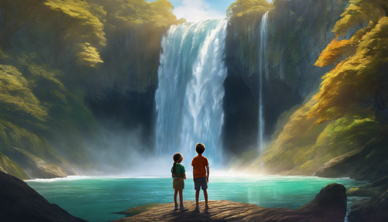 Children in awe of a hidden realm behind a waterfall.