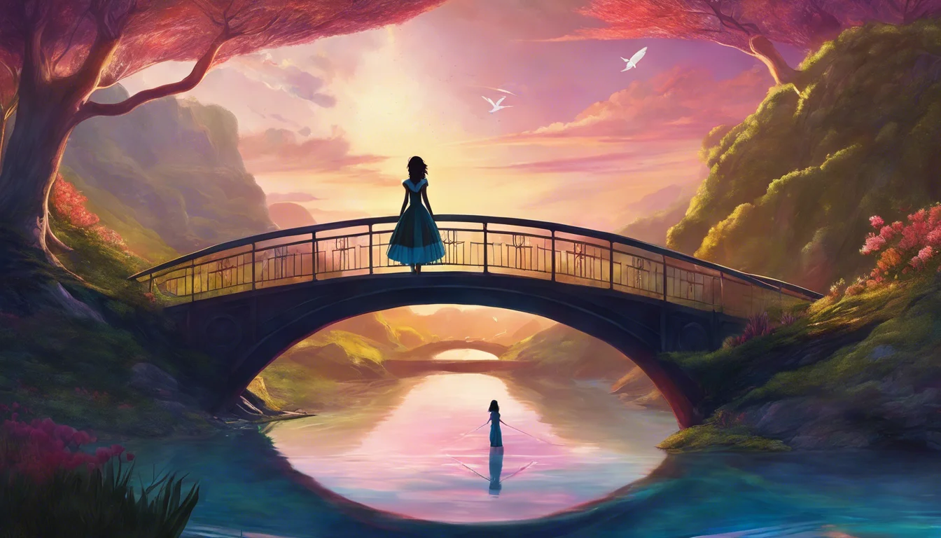 A serene scene featuring a woman in a blue dress standing on a bridge overlooking a tranquil river, with a colorful sunset and blooming trees in the background.