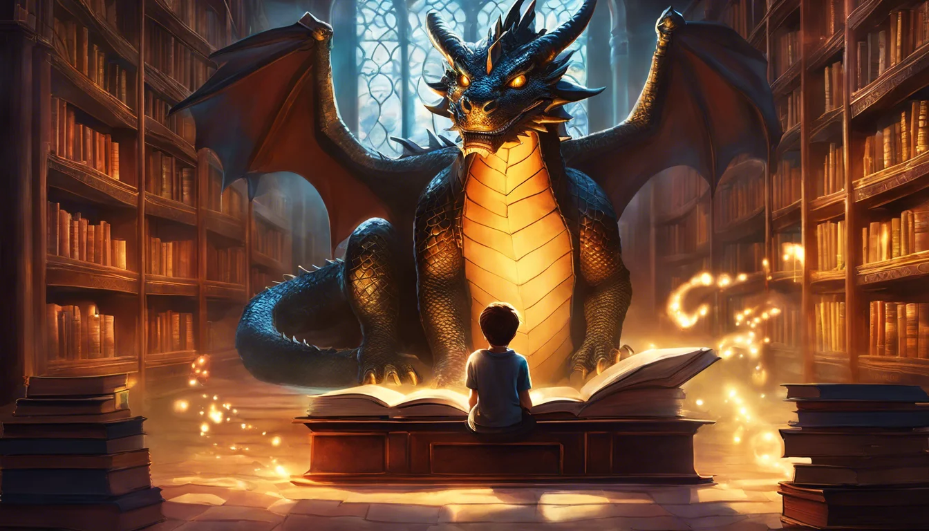 A young child sits on the floor of a grand library, gazing in awe at a towering, majestic dragon with shimmering scales and large wings, illuminated by magical sparks around an open book.