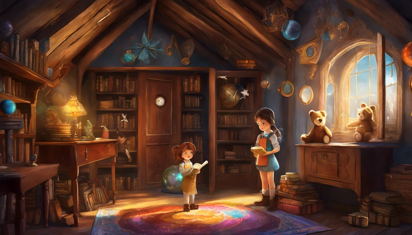 A whimsical attic filled with books, toys, and scientific curiosities, featuring two children—one holding a glowing orb and the other reading from a book—bathed in warm, magical light.