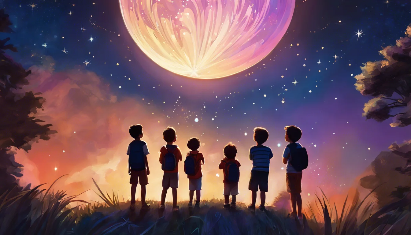 A group of six children stands on a grassy hill, gazing up at a large, glowing moon surrounded by stars in a colorful twilight sky.