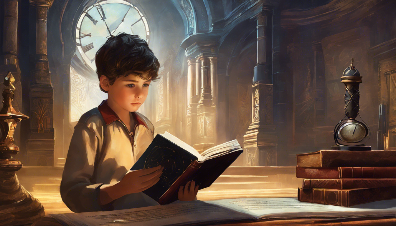 A child named Jamie holds a mysterious artifact and a journal in this time-travel themed illustration.