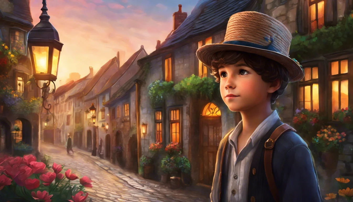 A young boy in a straw hat stands on a charming cobblestone street adorned with blooming flowers and warm lantern light during sunset.