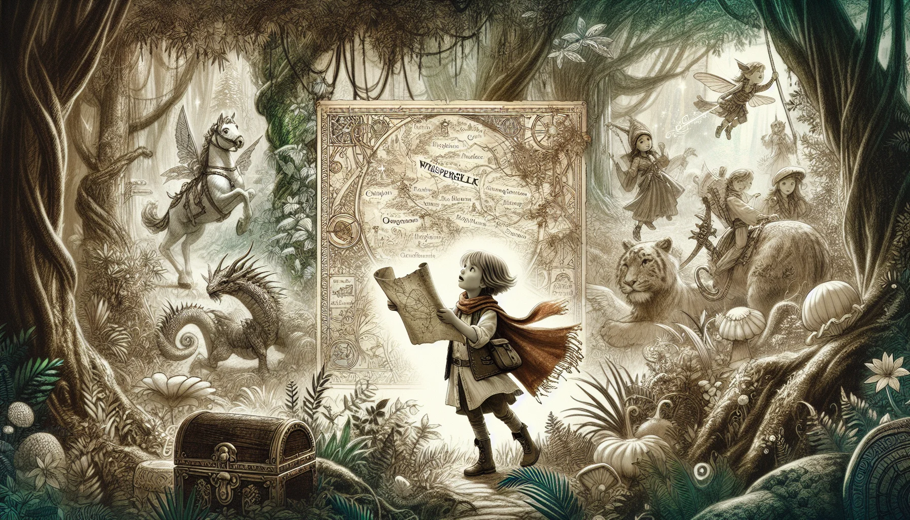 A young adventurer with a map explores a whimsical forest, surrounded by mythical creatures and lush vegetation, with a treasure chest nearby.