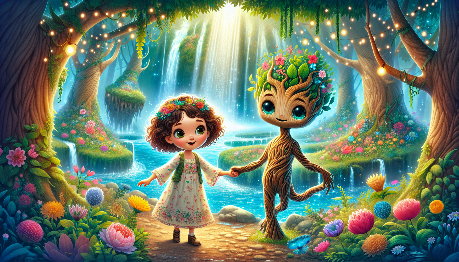 Digital art of a young girl is dancing with a tree spirit in a forest.