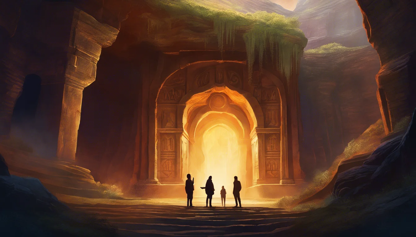 Silhouetted figures stand at the entrance of a glowing cave, framed by ancient, ornate stonework and lush greenery.