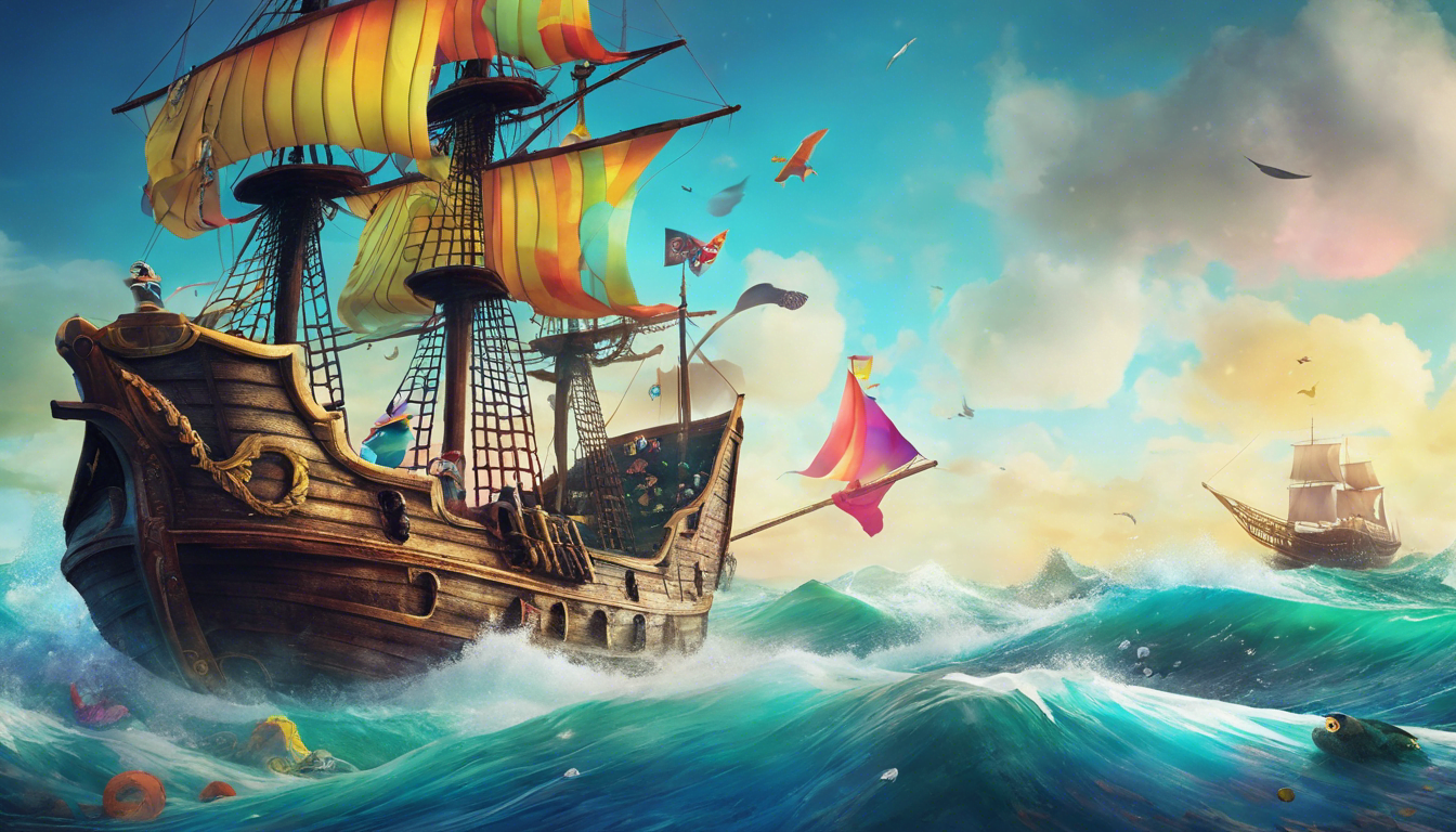 A pirate ship sailing on a sea of laundry with colorful socks and friendly creatures.