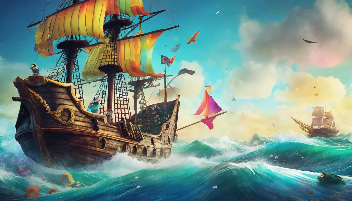 A vibrant illustration of two sailing ships navigating through turbulent blue waves under a bright, colorful sky.