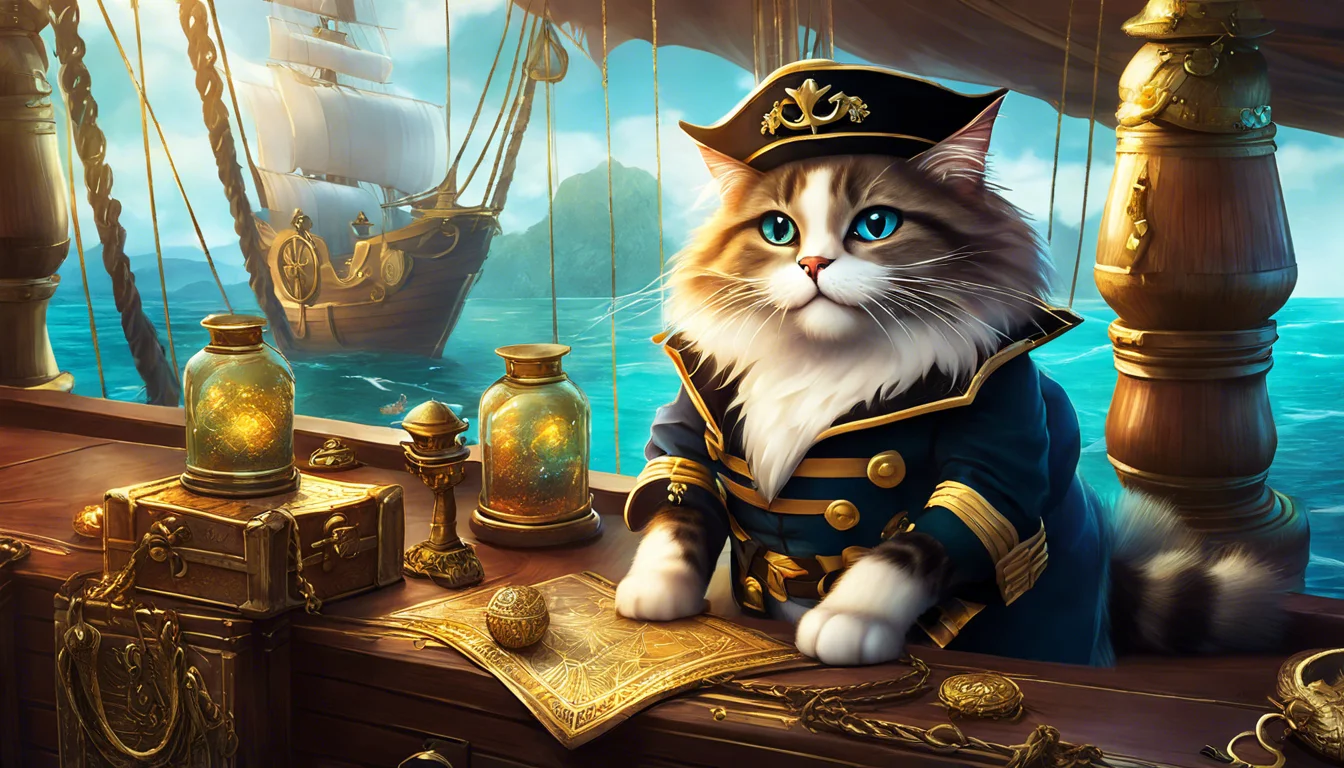 A fluffy cat in a captain's outfit sits at a ship's helm, surrounded by nautical props and a distant sailing ship on the horizon.