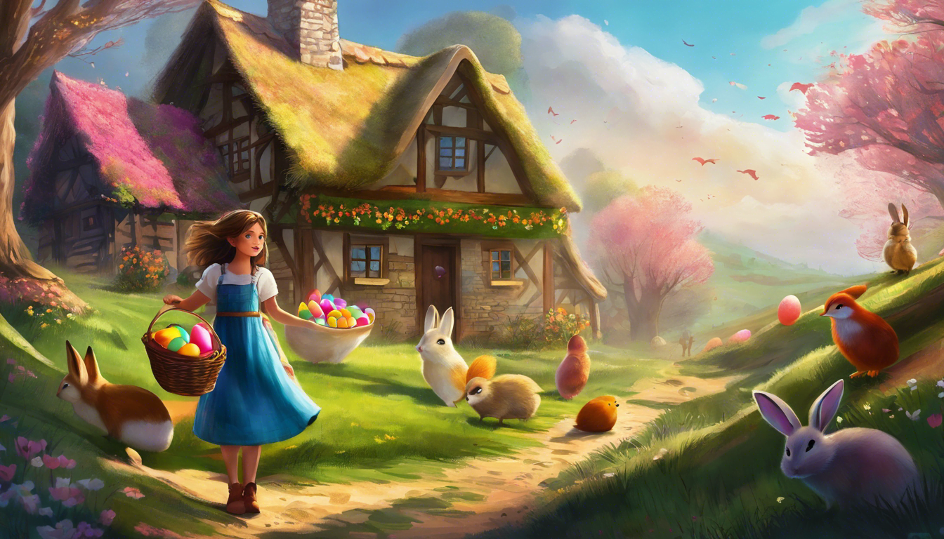 A young girl and her woodland friends celebrate Easter in a cozy village.