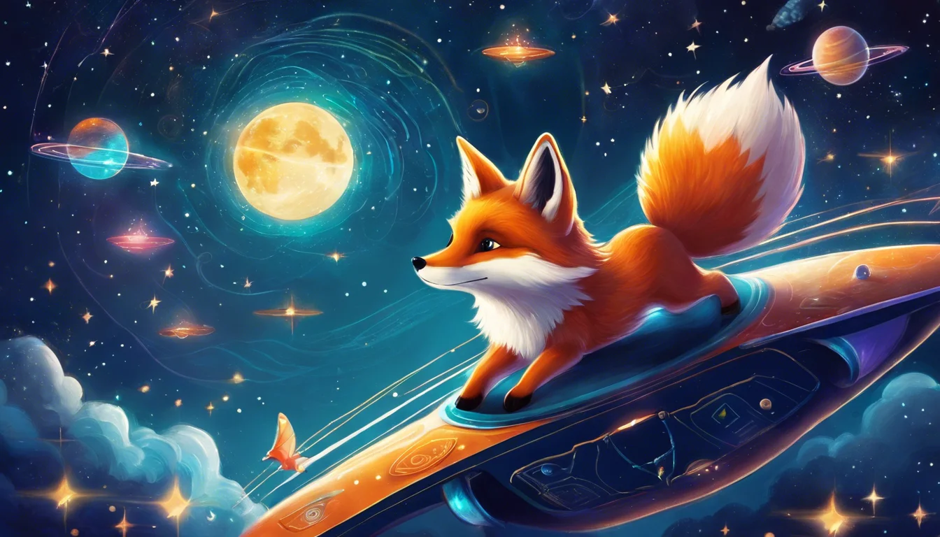 A vibrant fox riding a colorful spaceship through a starry space scene with planets and a glowing moon in the background.