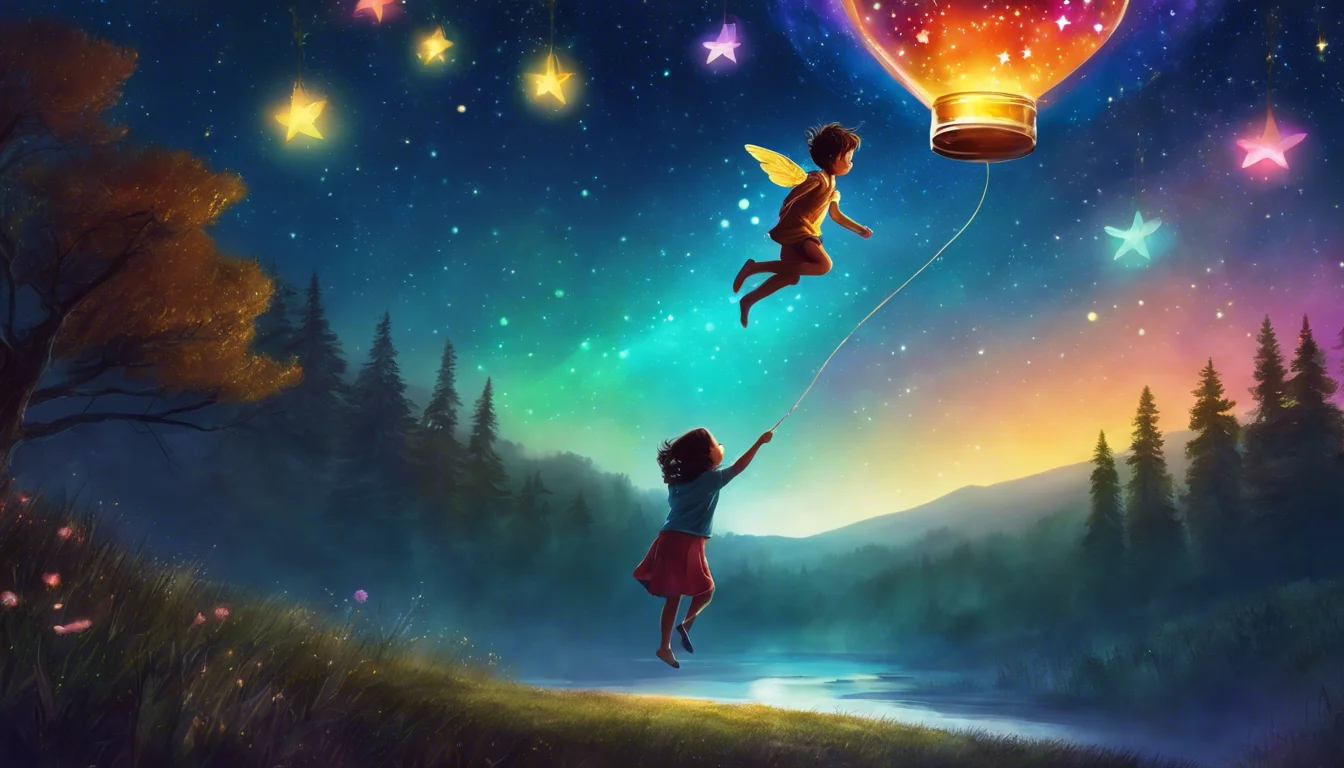 A whimsical scene depicting two children, one flying upwards holding a lantern, under a starry night sky filled with colorful glowing stars.