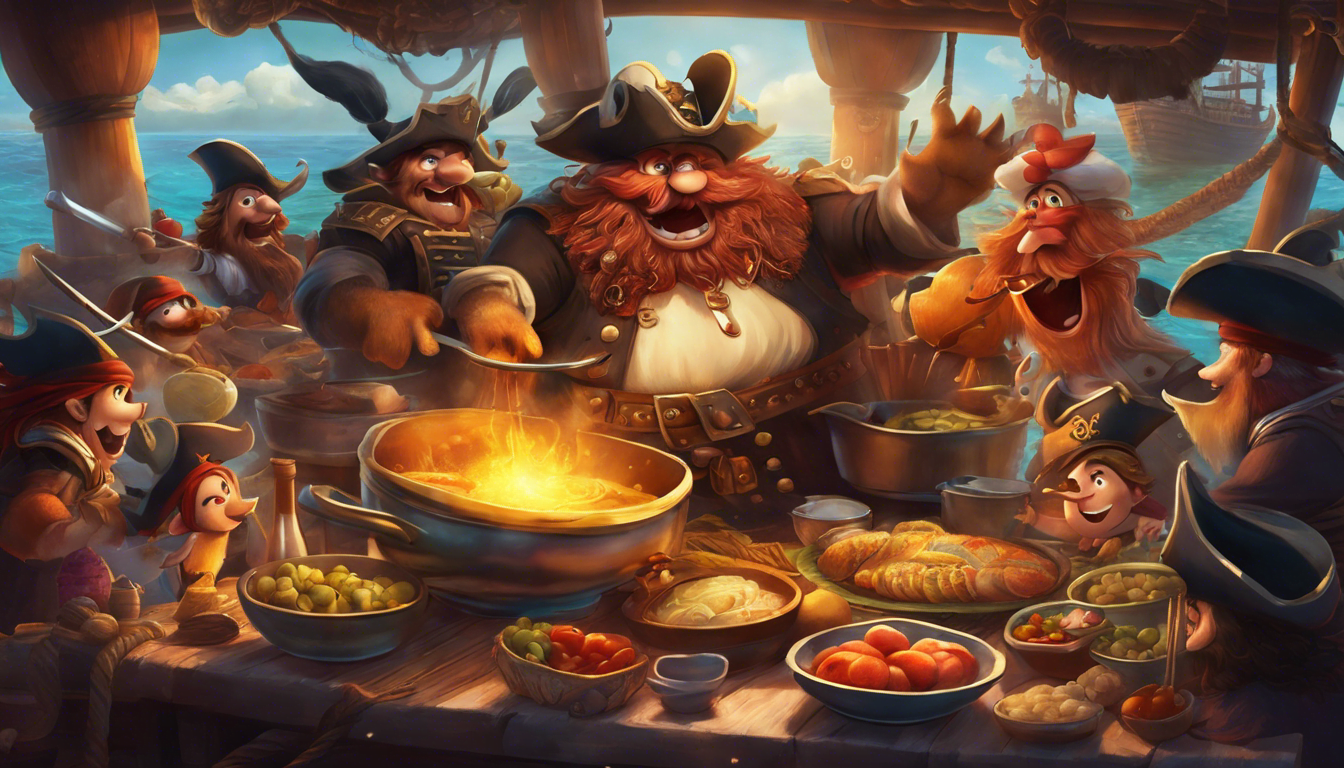 A friendly monster cooking for pirates on a ship.