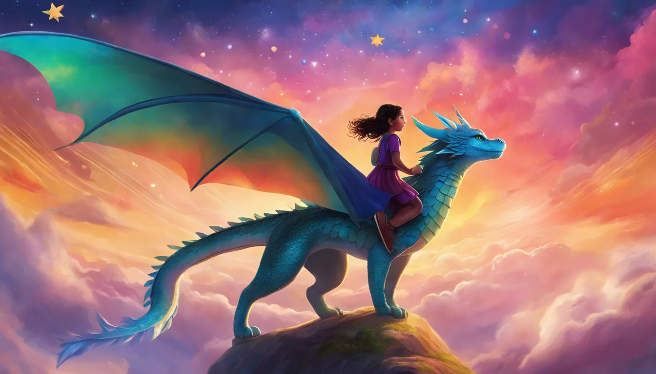 A girl riding a majestic blue dragon atop a rocky outcrop, with a colorful, starry sky in the background.