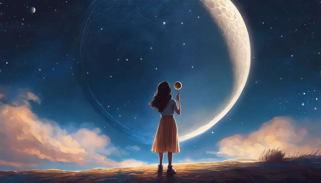A girl in a white shirt and skirt stands on a hill, gazing at a large crescent moon and a starry sky, holding a small celestial object.