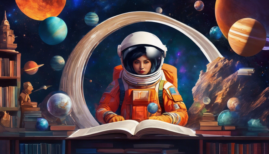 A woman in a colorful spacesuit surrounded by floating books in a cosmic setting.