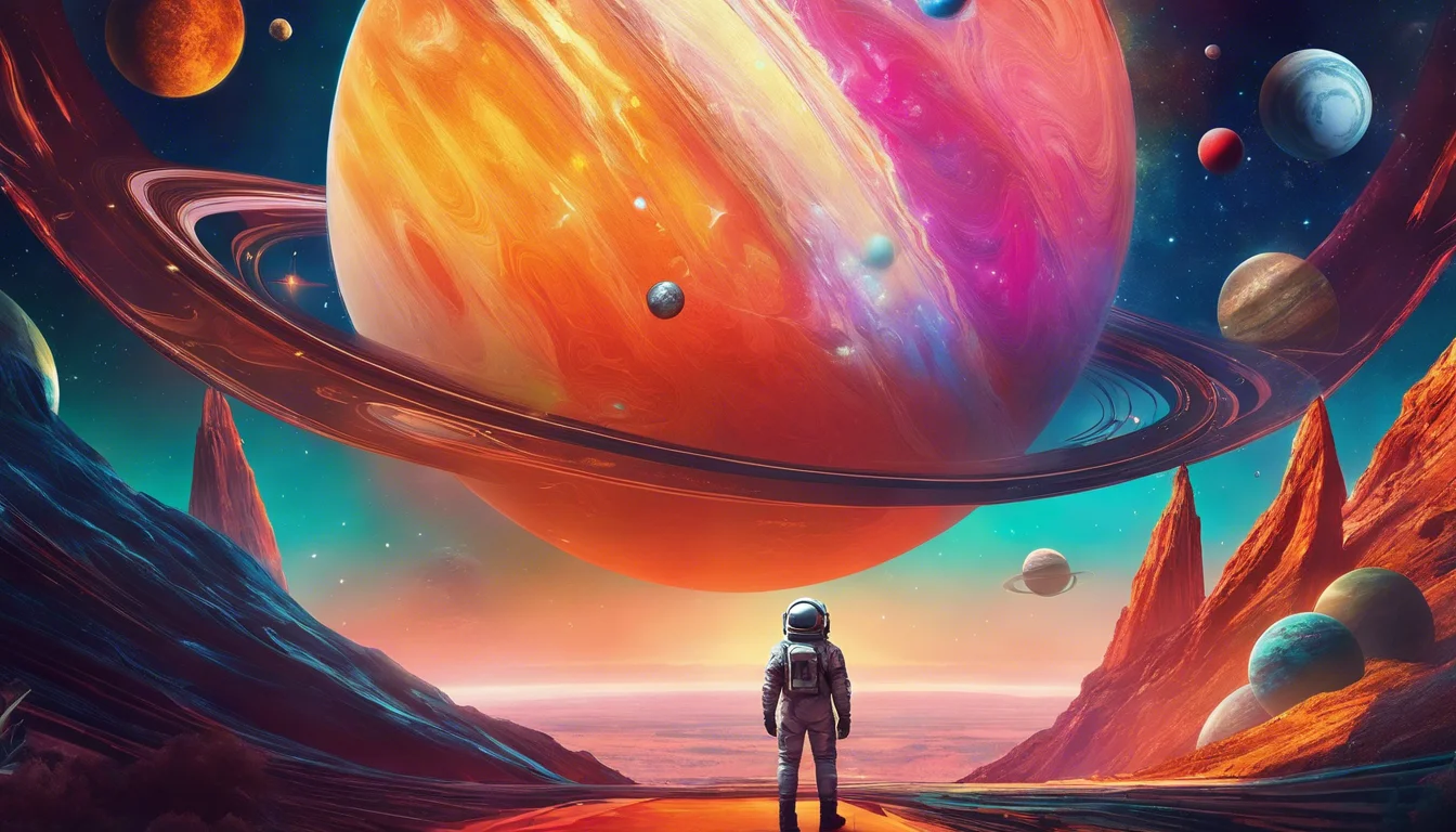 A solitary astronaut stands on a rocky terrain, gazing up at a vibrant, multicolored planet with rings and several moons in a surreal space landscape.