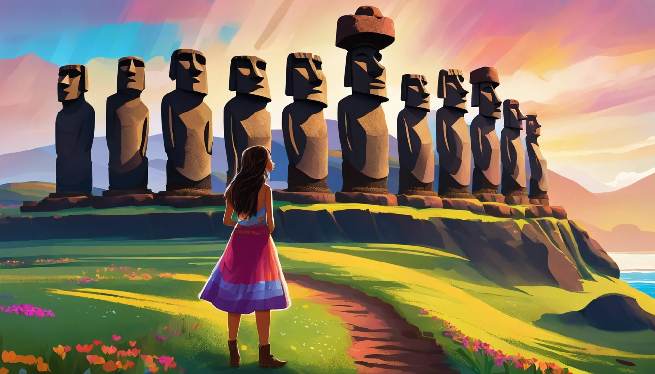 A girl in a colorful dress stands on a grassy path, gazing at a row of towering Moai statues against a vibrant sunset sky.