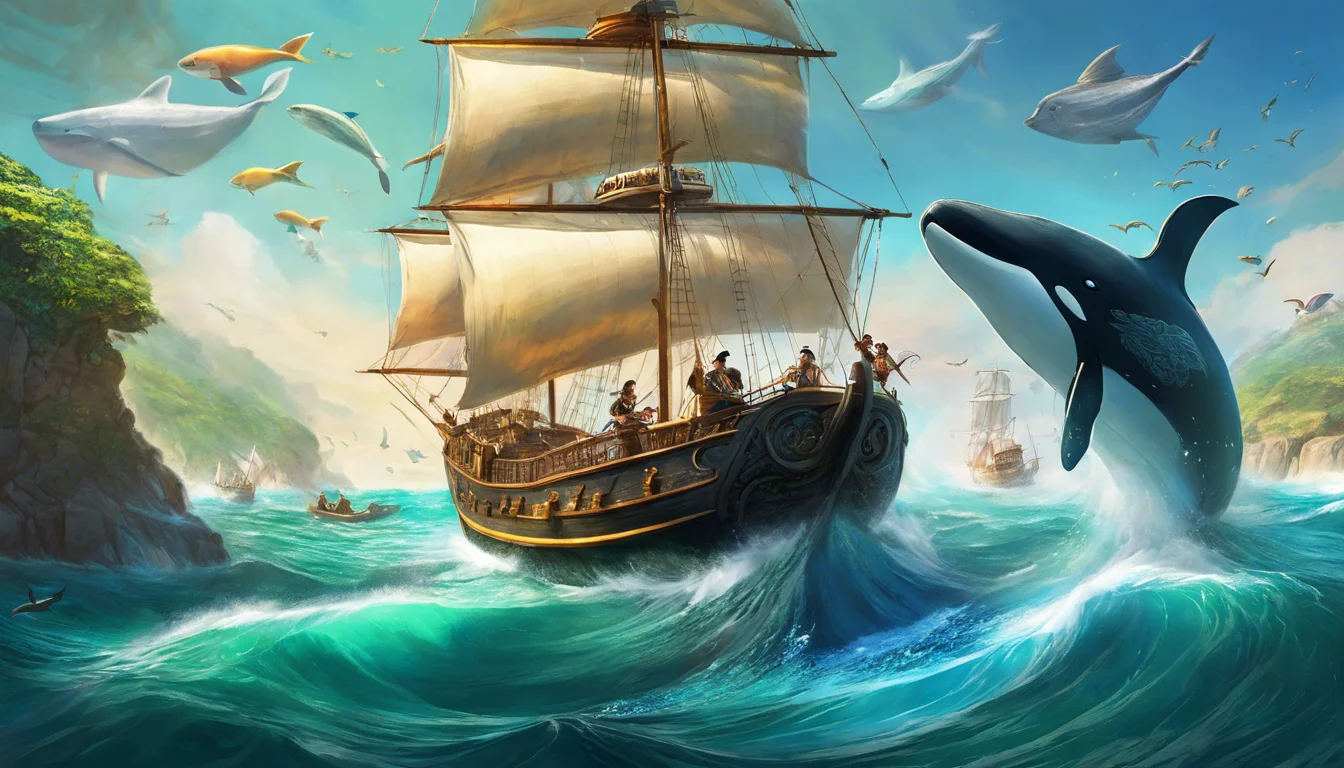 A pirate ship sails through vibrant ocean waves, surrounded by various marine animals, including a breaching whale, while tropical cliffs rise in the background.