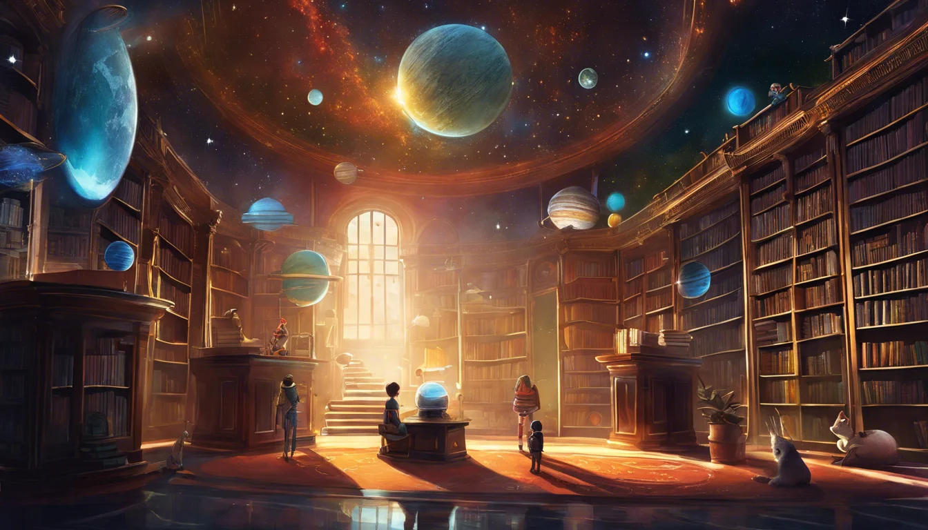 A magical library filled with floating planets, illuminated by a celestial glow from a large window.