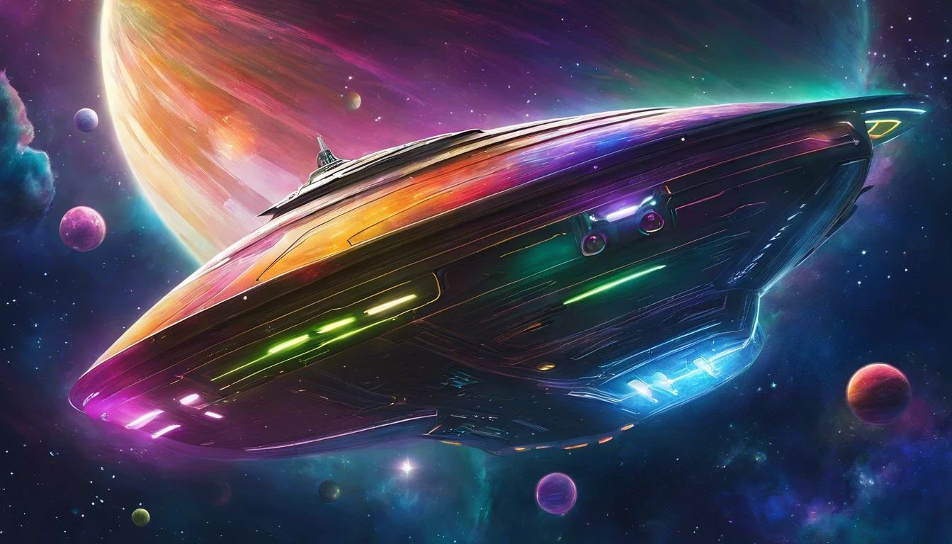 Colorful sci-fi spaceship gliding through a vibrant cosmic landscape with planets and stars.