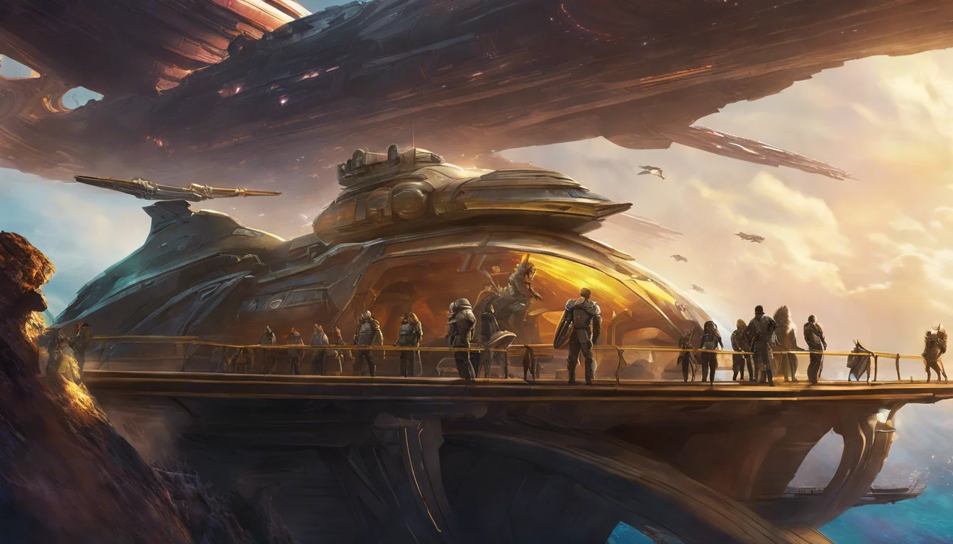 A futuristic spaceship with a sleek design docked on a rocky platform, surrounded by a dramatic sky filled with large, floating structures and a group of figures observing the scene.