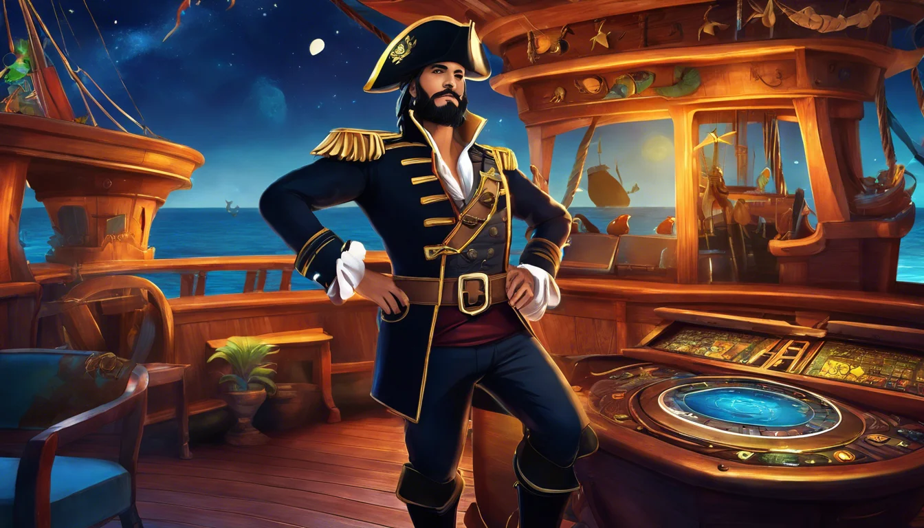 A confident pirate stands on the deck of a ship, dressed in a classic naval uniform, with a starry night sky in the background.