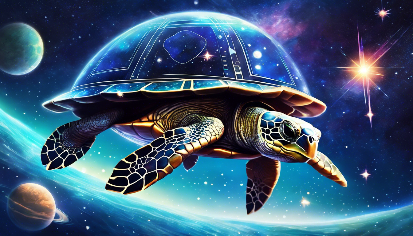 A space turtle floating in a galaxy surrounded by stars and planets.