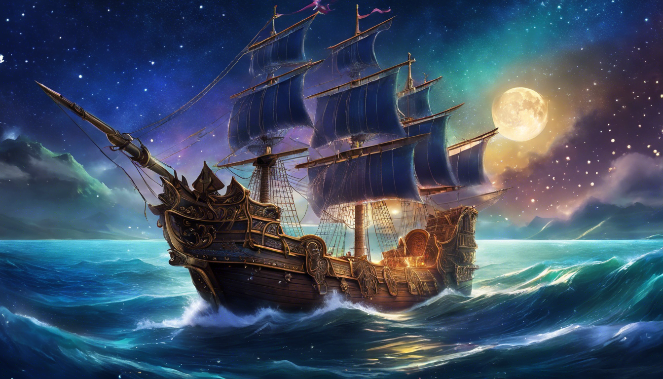 A whimsical illustration of a galleon sailing through a star-filled sky.