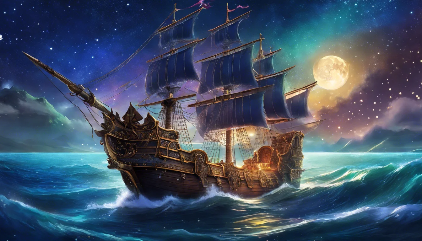 A majestic sailing ship with dark blue sails navigating through sparkling ocean waves, illuminated by a bright full moon in a starry night sky.