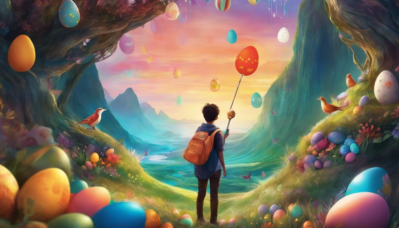 A child with a backpack holds a colorful egg-shaped balloon, standing in a vibrant, fantastical landscape filled with decorated eggs, birds, and a serene sunset in the background.