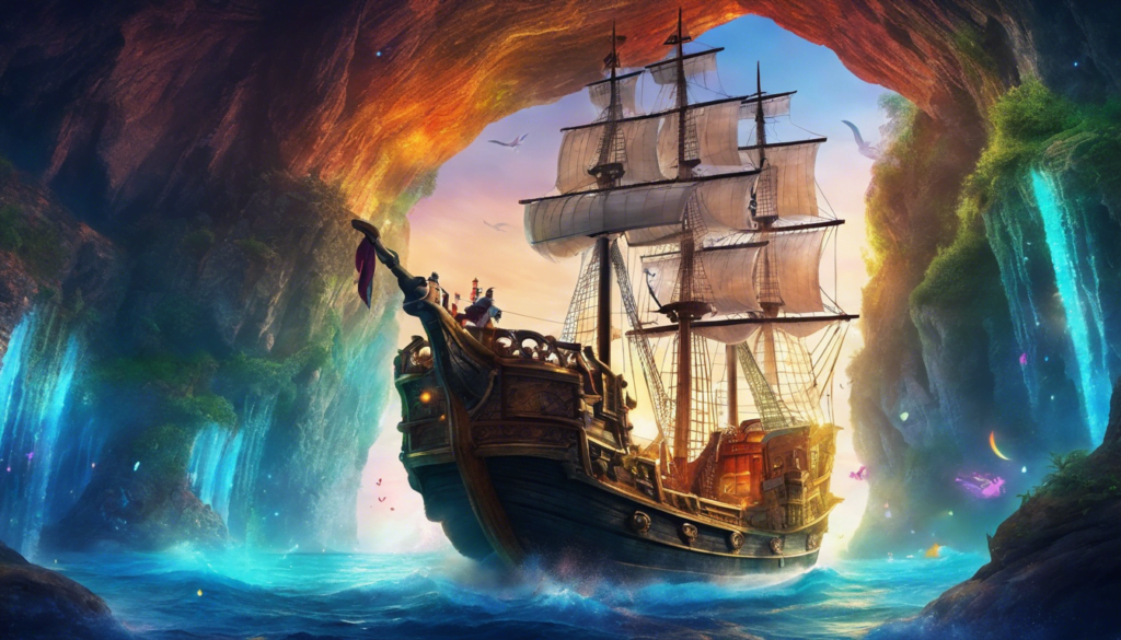 A three mast pirate ship sailing into a cave filled with colorful particles and waterfalls.