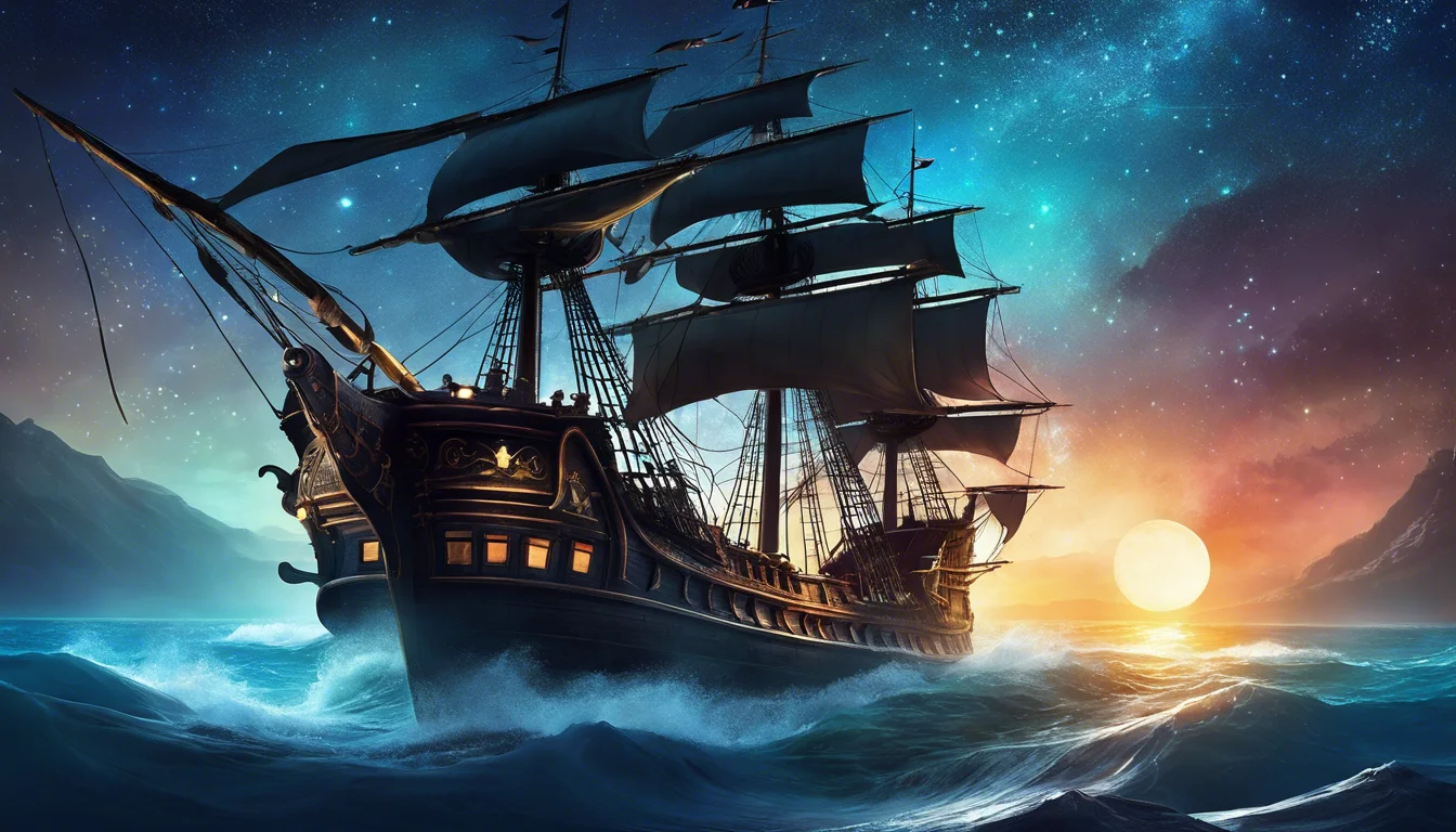 A majestic sailing ship with multiple masts navigating through turbulent waters under a starry sky at sunset.