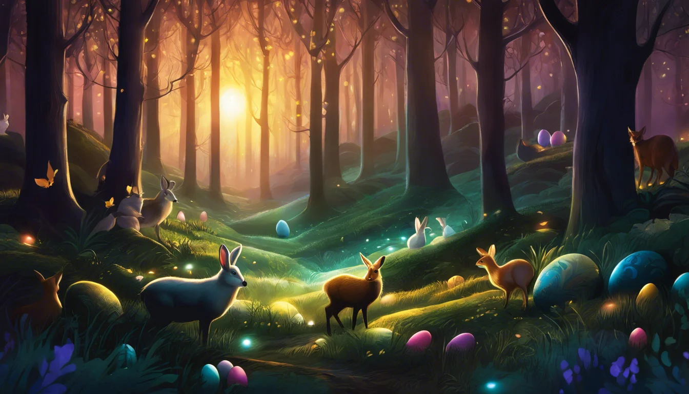 A magical forest scene at sunset, featuring deer and rabbits among colorful eggs, illuminated by soft fairy lights.